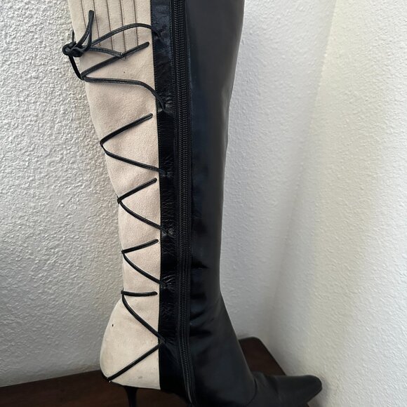 Vintage Black Leather White/Cream Suede w/Lace Detail Stiletto Boots - Picture 3 of 16